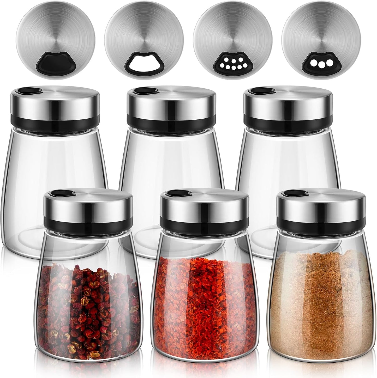 Zhehao 6 Pcs Salt Pepper Shakers Set with Adjustable Pour Holes Stainless Steel Spice Dispenser 6oz Clear Glass Seasoning Containers for Kitchen Restaurant Home BBQ Camping Farmhouse Accessories