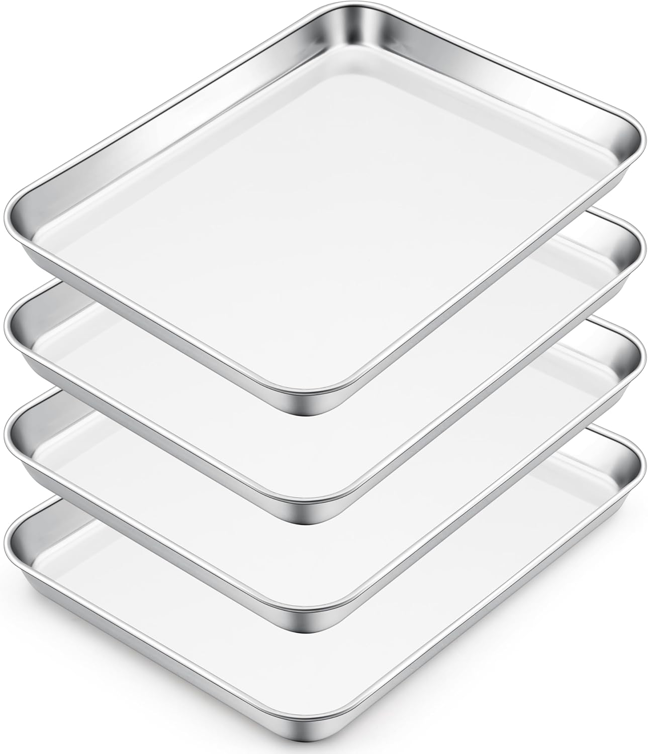 E-far Small Baking Sheet Set of 4, 10.5”x8.3” Stainless Steel Cookie Sheets Pans, Compact Non-toxic Metal Toaster Oven Trays for Cake, Healthy & Rust Free, Mirror Finish & Dishwasher Safe