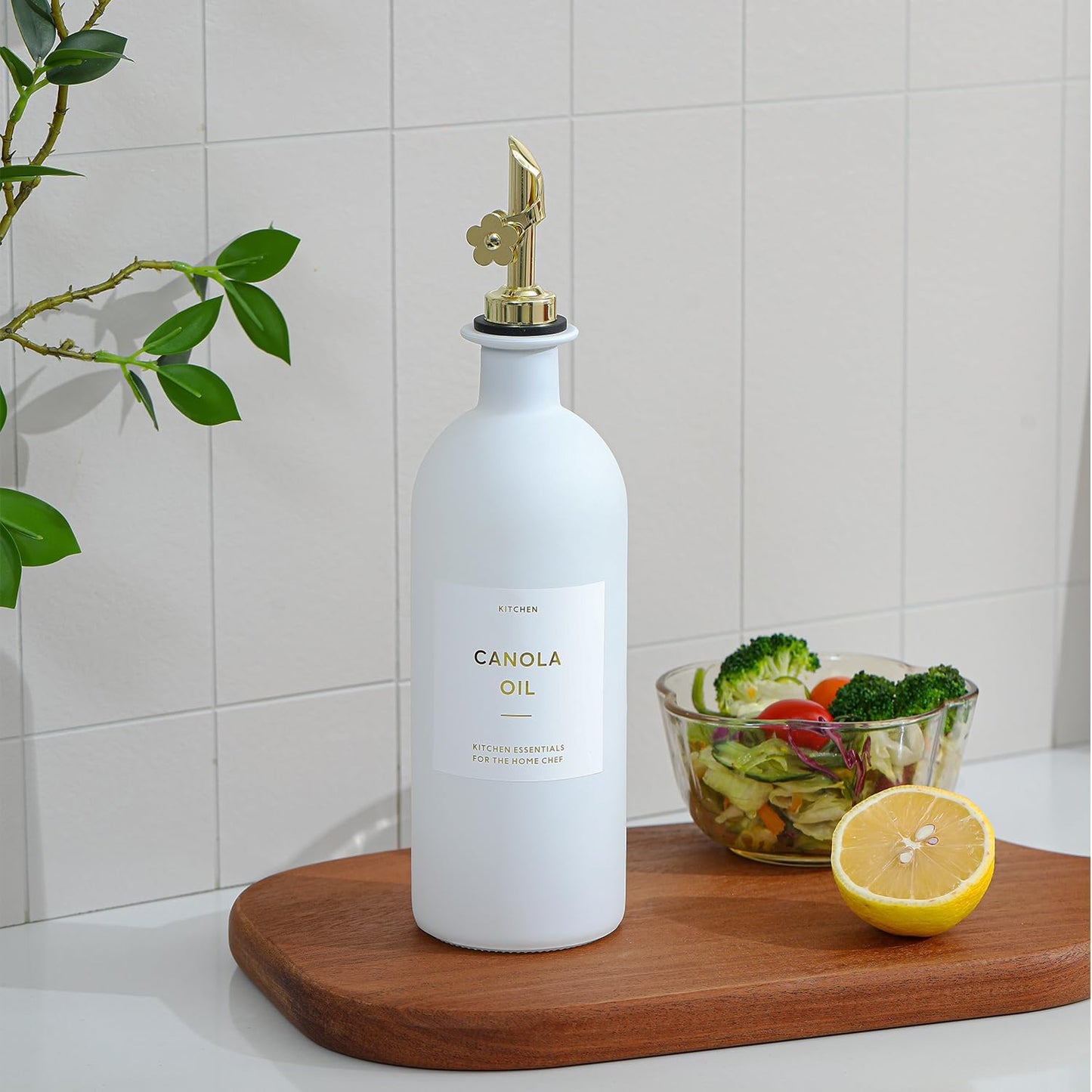 HOMCDALY Olive Oil Dispenser for Kitchen, 16oz Glass Oil Bottles with Bamboo Tray, Gold Oil&Vinegar Cruet Set, Kitchen Dispenser Bottles with Pourer | Set of 2 (16oz – Gold)