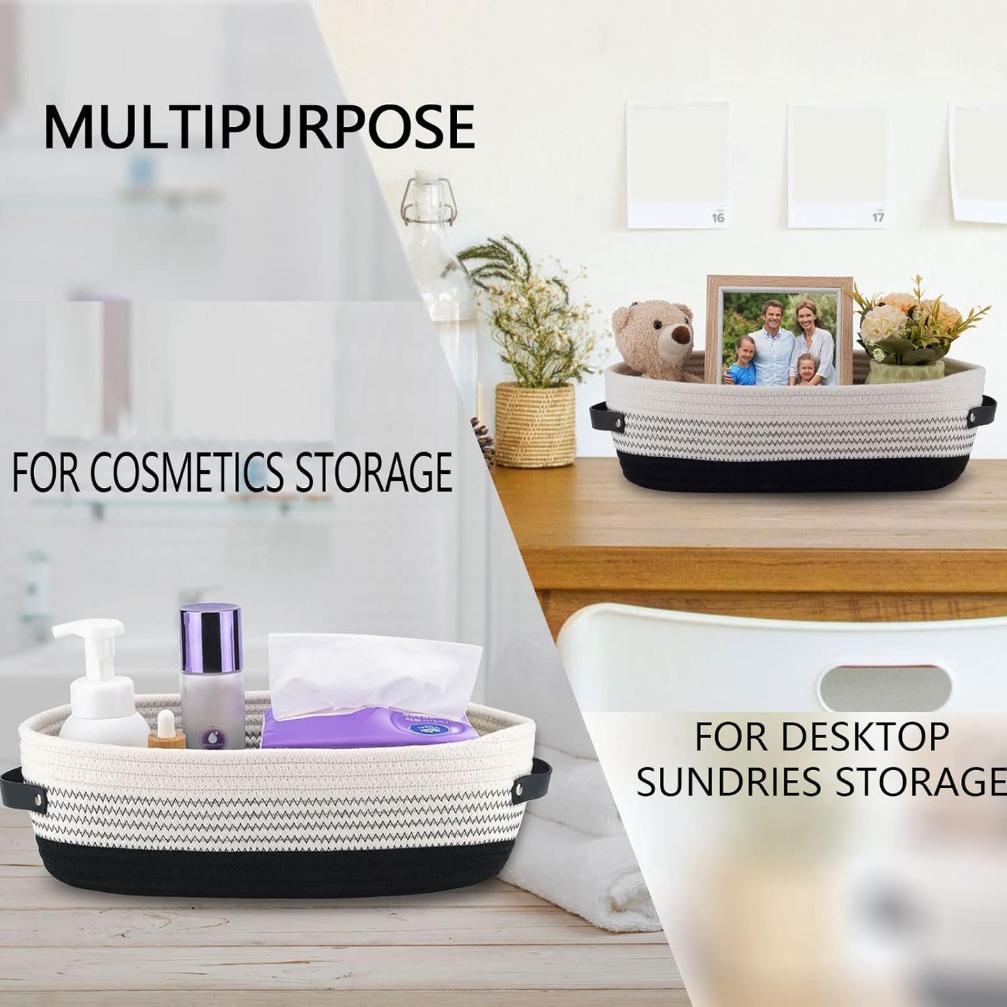 2 Pack Cotton Rope Toilet Basket Bathroom Decor Baskets, Toilet Paper Holder Basket, Farmhouse Home Decor Organizing 13"x5.9"x4" Black