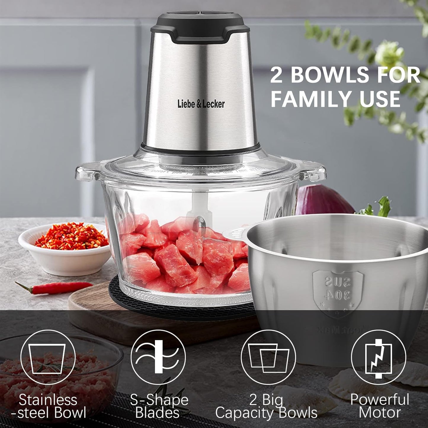 Liebe&Lecker Food Processor, Meat Grinder with 2 Bowls 8 Cup and 8 Cup, Food Chopper Electric Vegetable Chopper with 4 Large Sharp Blades for Fruits, Meat, Vegetables, Baby Food, Nuts, 2 Speed.