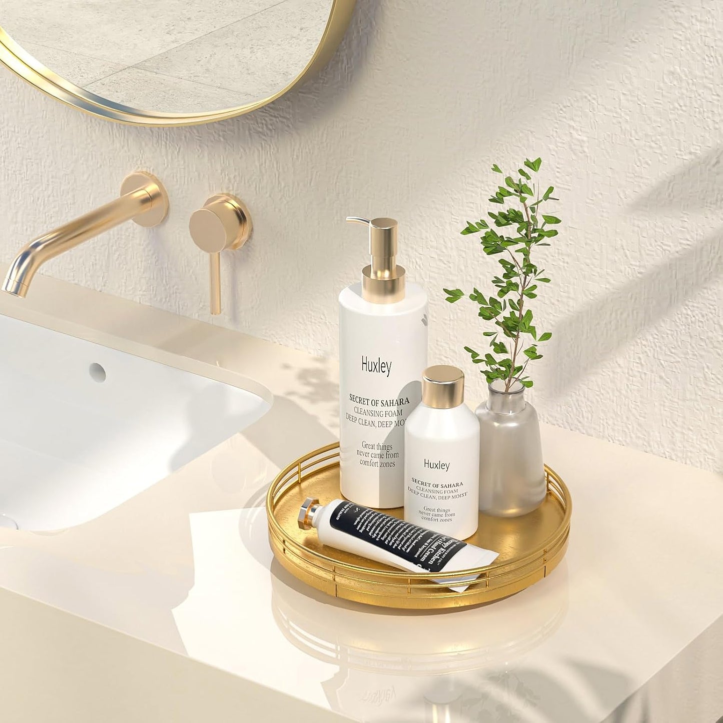 9" Gold Lazy Susan for Table Top, Oak Wood Lazy Susan Turntable Organizer for Dining Coffee Table Centerpiece Bar Decor Kitchen Countertop Bathroom Vanity Decorative Tray for Perfume Jewelry Round