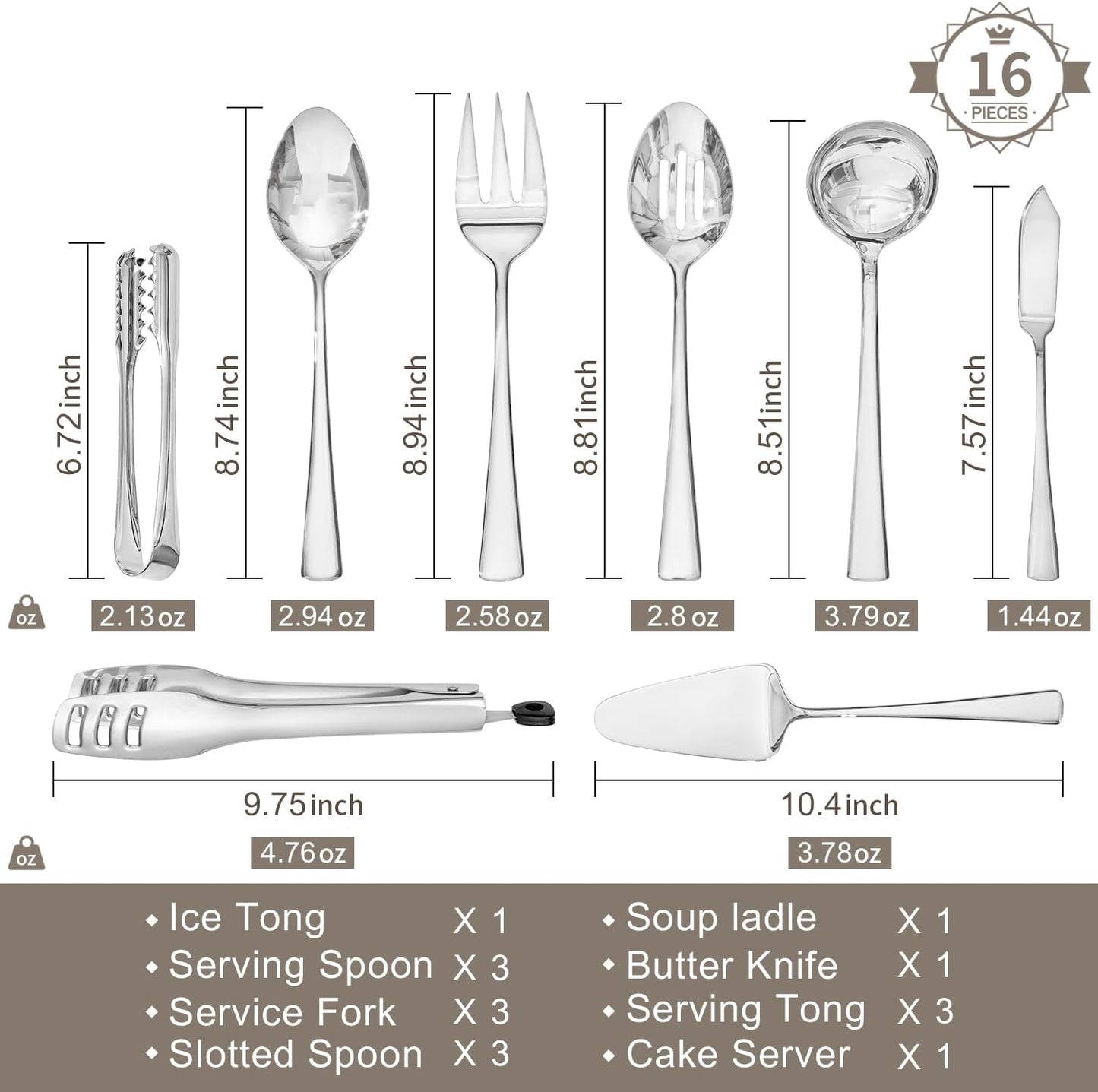 KINGSTONE 16 Piece Serving Utensils Set, 18/10 Stainless Steel Serving Utensils, Slotted Spoon, Fork, Tong, Soup Ladle, Cake Server, Butter Knife and Ice Tong for Buffet, Parties, Kitchen