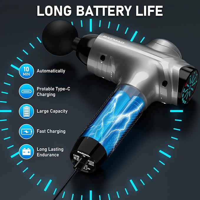 RAEMAO Massage Gun, Handheld Electric Deep Tissue Muscle Massager for Athletes for Pain Relief Attaching 8 Replacement Heads, Percussion Massager with 10 Speeds, Father's Day Gifts, Grey