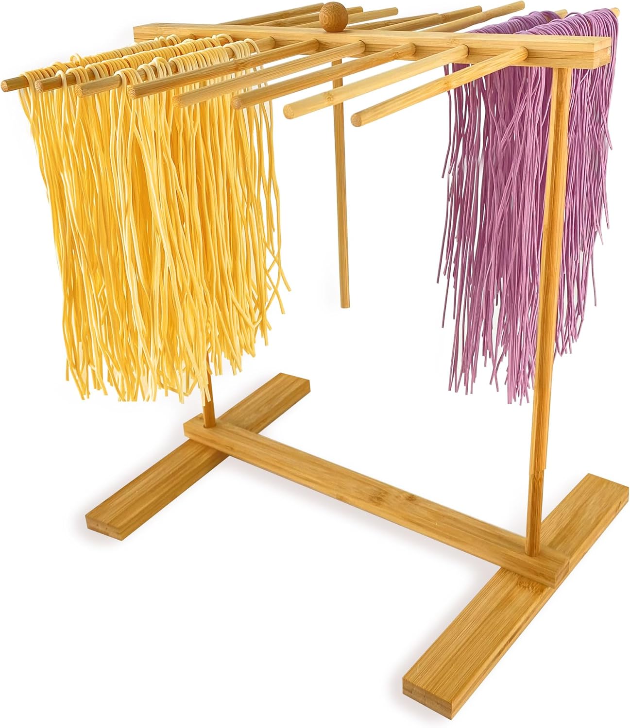 Bamboo-Pasta-Drying-Rack With Transfer Wand & 16 Arms, Large Tall Collapsible Fresh Pasta Dryer Holder For Homemade Noodle, Spaghetti, Tagliatelle, Detachable Fettuccine Hanger Stand With 16 Bars