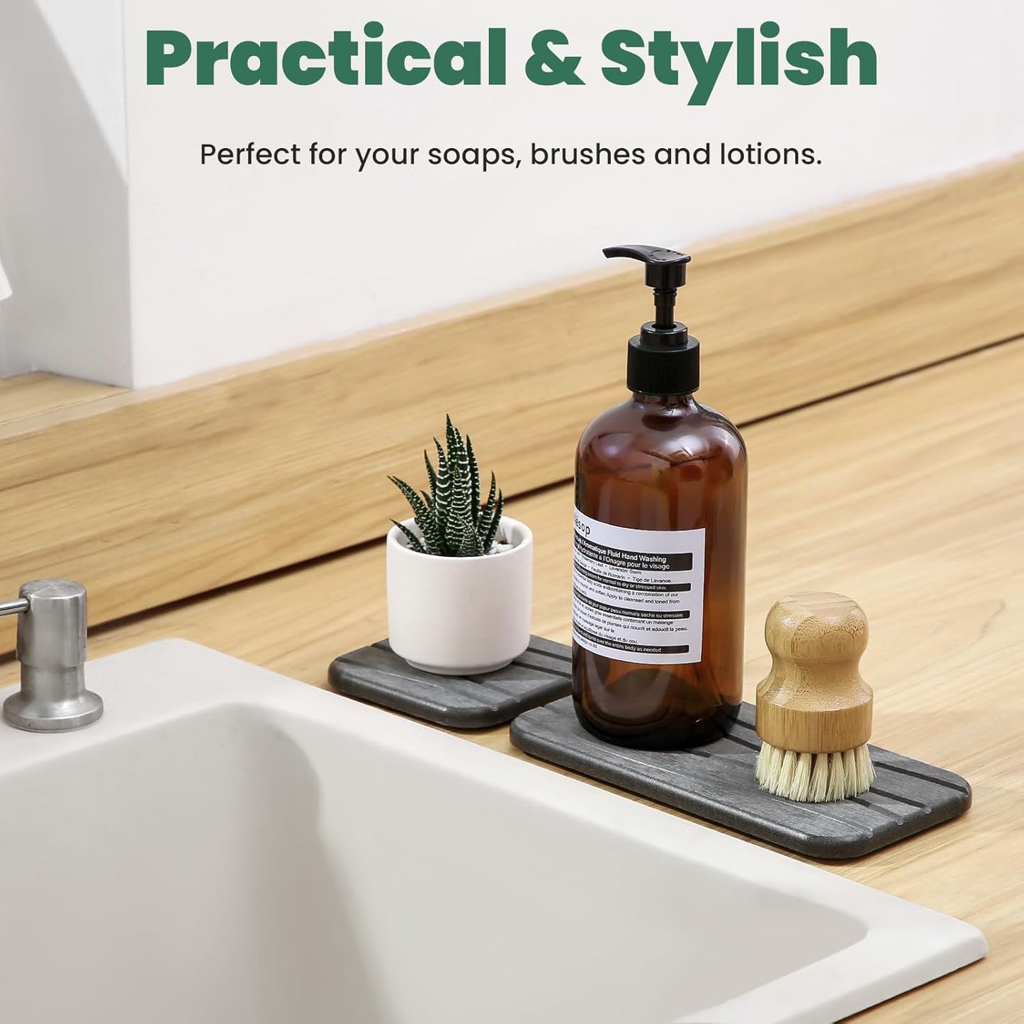 3PCS Water Absorbing Diatomaceous Earth Tray for Sink, Fast Drying Soap & Toothbrush Holders for Bathroom Counter, 1 Stone Tray, 2 Stone Coasters