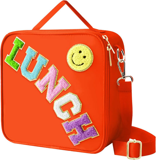 Insulated Lunch Bag With Adjustable Shoulder Strap, Nylon Preppy Lunch Box Large Insulated Lunch Bag Reusable Lunch Tote Bag with Smiley Preppy LunchBag for Girls School Travel Picnic (Orange)