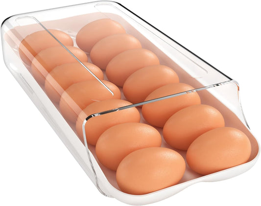 theaoo Egg Holder for Fridge, Automatic Rolling Egg Container for Refrigerator, Clear Plastic Egg Dispenser, Stackable Eggs Organizer with Quick Removable inner Tray For Organizers and Storage, 1 Pack