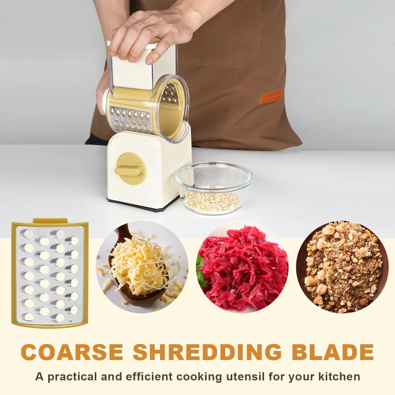 3 in 1 Cheese Grater, Rotary Cheese Grater with Handle for kitchen, Vegetable Slicer with 3 Replaceable Stainless Steel Blades,Peeler and Rubber Gloves (White)