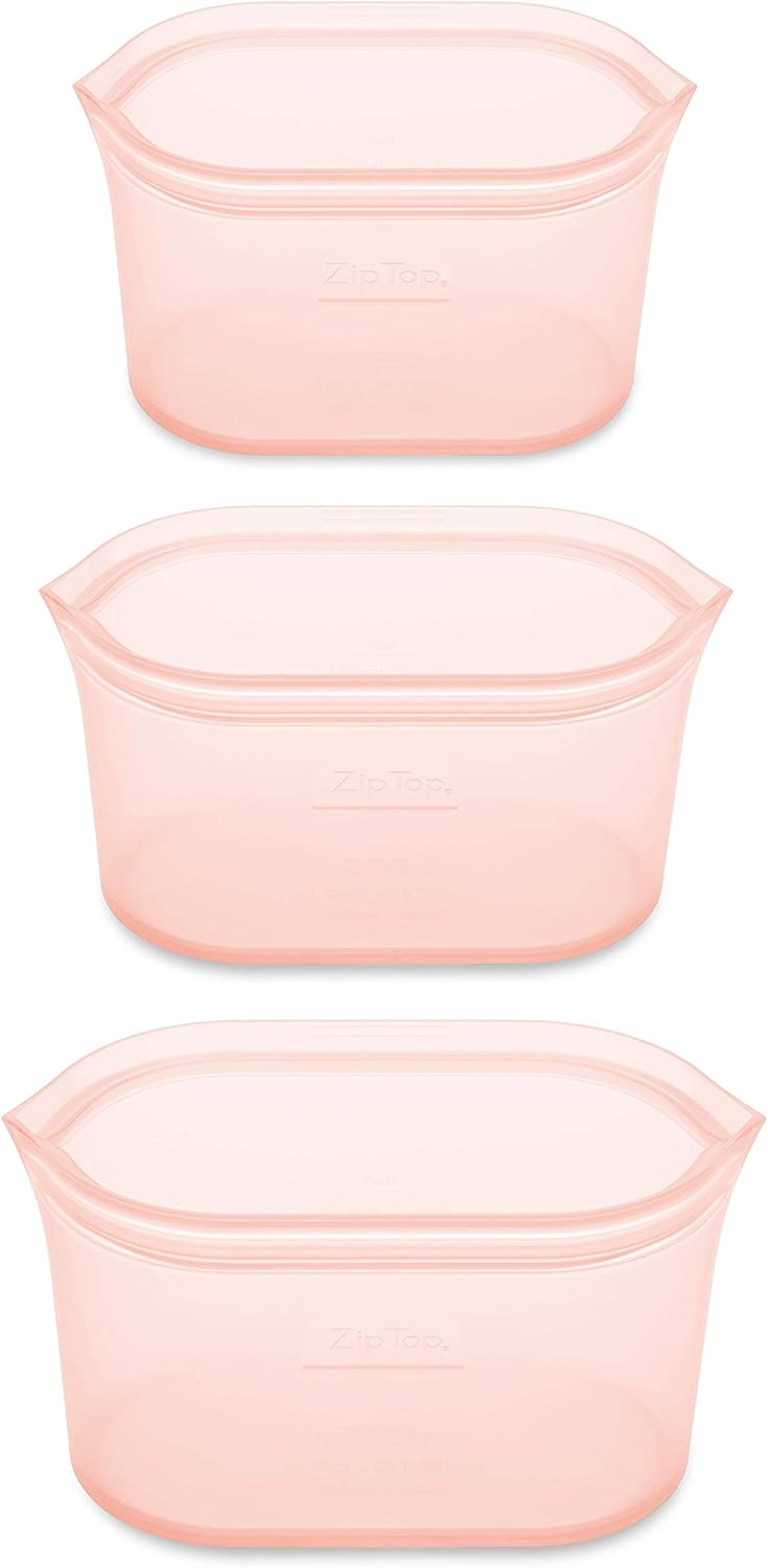 Zip Top Reusable Food Storage Bags | 3 Dish Set [Peach] | Silicone Meal Prep Container | Microwave, Dishwasher and Freezer Safe | Made in the USA
