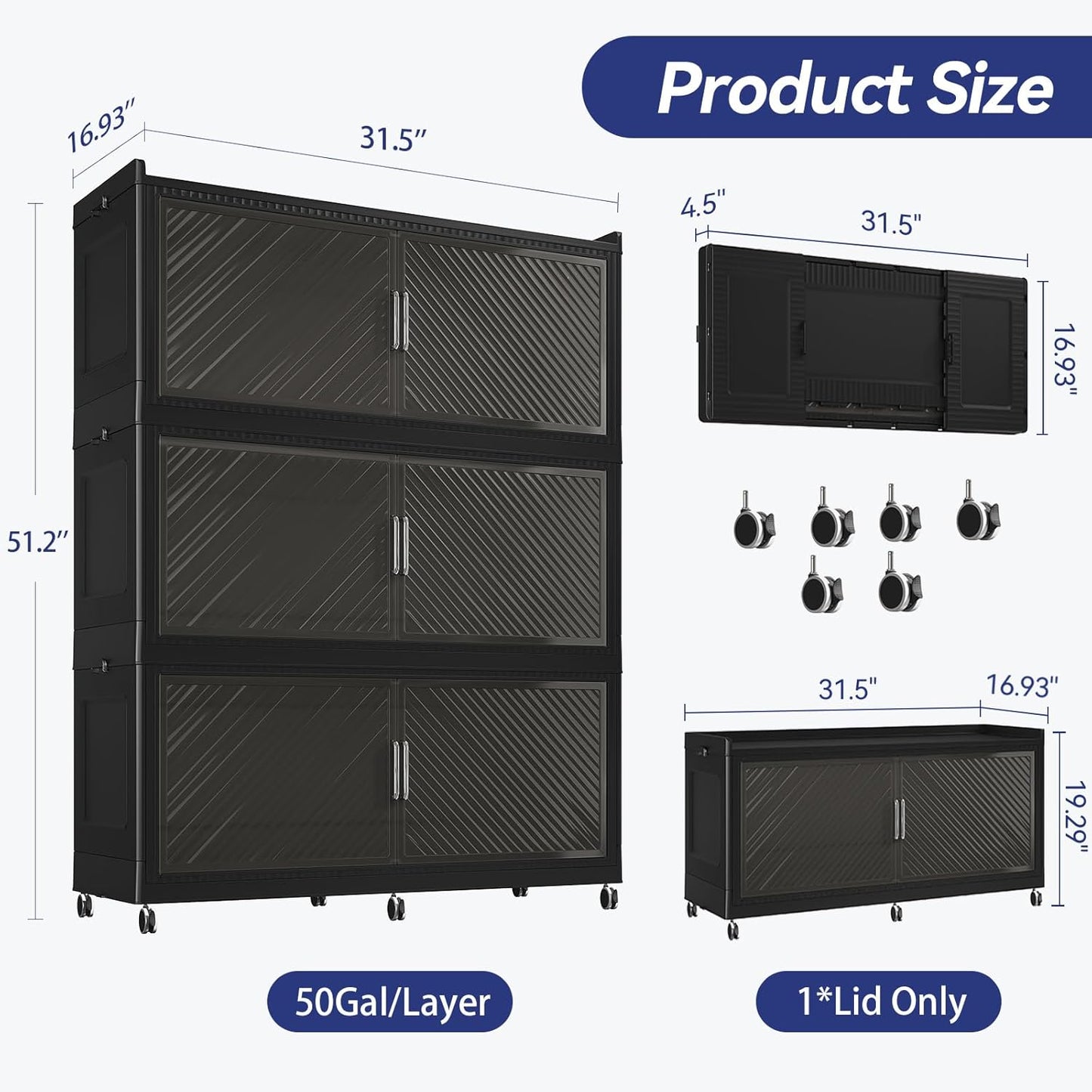 150GAL Extra Large Storage Bins with Lid, 600QT Plastic Stackable Storage Bins with 6x Wheels, Collapsible Closet Organizer and Storage Drawer Cabinet for Living Room Office Dorm, 3Pack Black