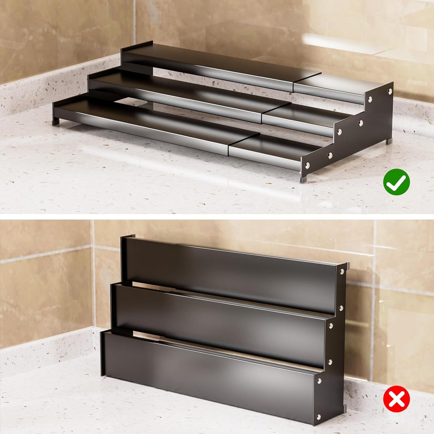 Premium Spice Rack Organizer for Countertops - 3-tier space-saving kitchen organizer for spice jars, oil bottles and utensils 2 Packs Grey (modern rust-resistant design)