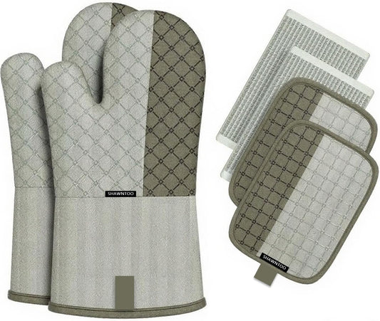 Oven Mitts and Pot Holders Sets 6pcs, Kitchen Oven Glove,High Heat Resistant 550 Degree Extra Long Oven Mitts and Potholders with Non-Slip Silicone Surface for Home Essentials (Grey) (Pistachio Green)