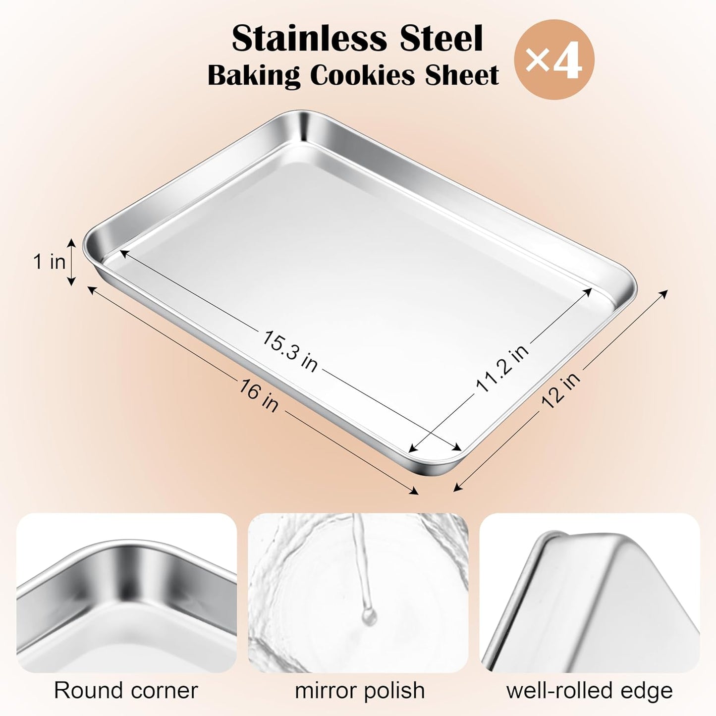 E-far Baking Sheets Set of 4, 16” x12” x 1” Stainless Steel Cookie Sheets Pans for Oven, Non-toxic Metal Trays for Baking Cake Cookie, Healthy & Rust Free, Mirror Finish & Dishwasher Safe
