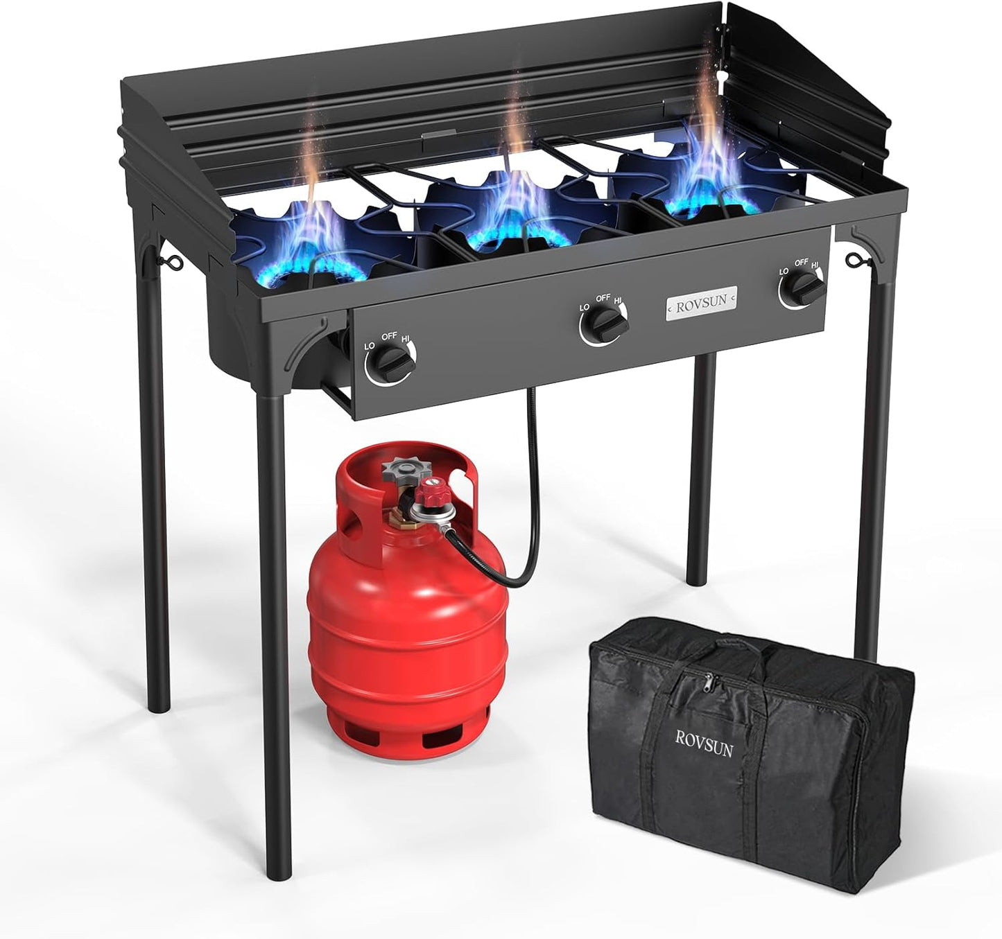 ROVSUN 3 Burner Propane Gas Stove with Carrying Bag, 225,000 BTU Patio Outdoor Camping Burner with Wind Panel & CSA Listed Regulator, Picnic Cooker for Home Patio Cooking Brewing Turkey Frying Canning