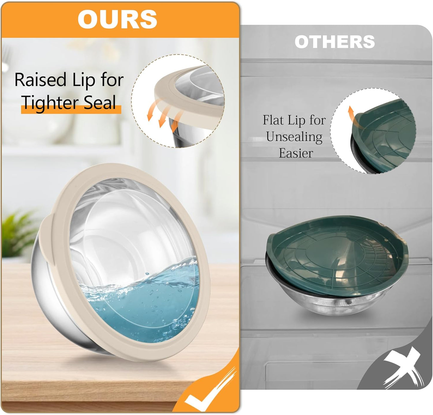 TeamFar Mixing Bowls with Lids, 4.5/3/1.5 QT Stainless Steel Nesting Salad Bowls with Airtight Lids, For Serving/Mixing/Storing/Prepping, Healthy & Sturdy, Visible & Easy Clean, Khaki, Set of 3