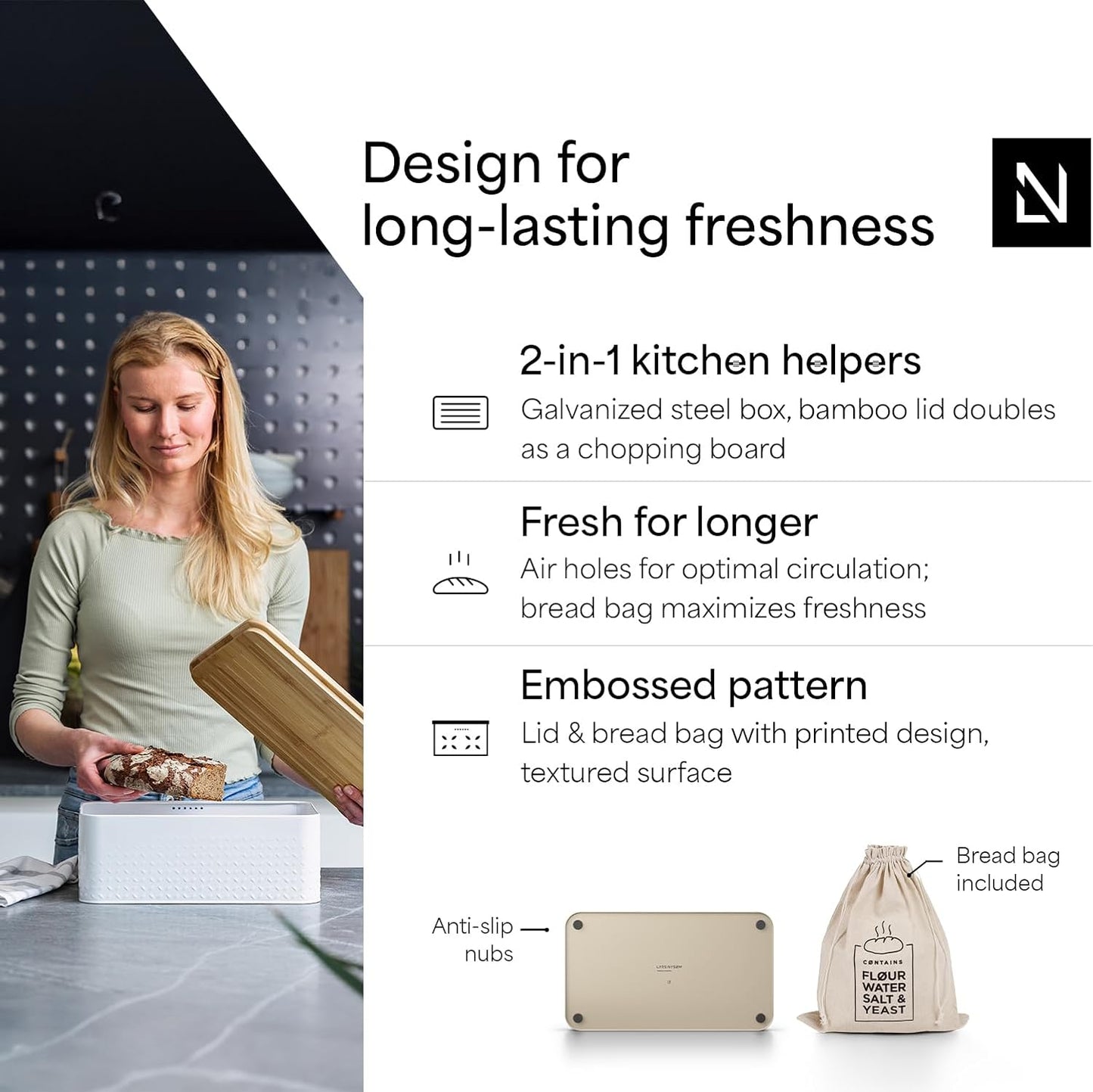 LARS NYSØM Bread Box I Metal Box with linen bag for long lasting freshness I Bread Bin with bamboo lid usable as cutting board I 13.4x7.3x5.3In (Taupe Brown)