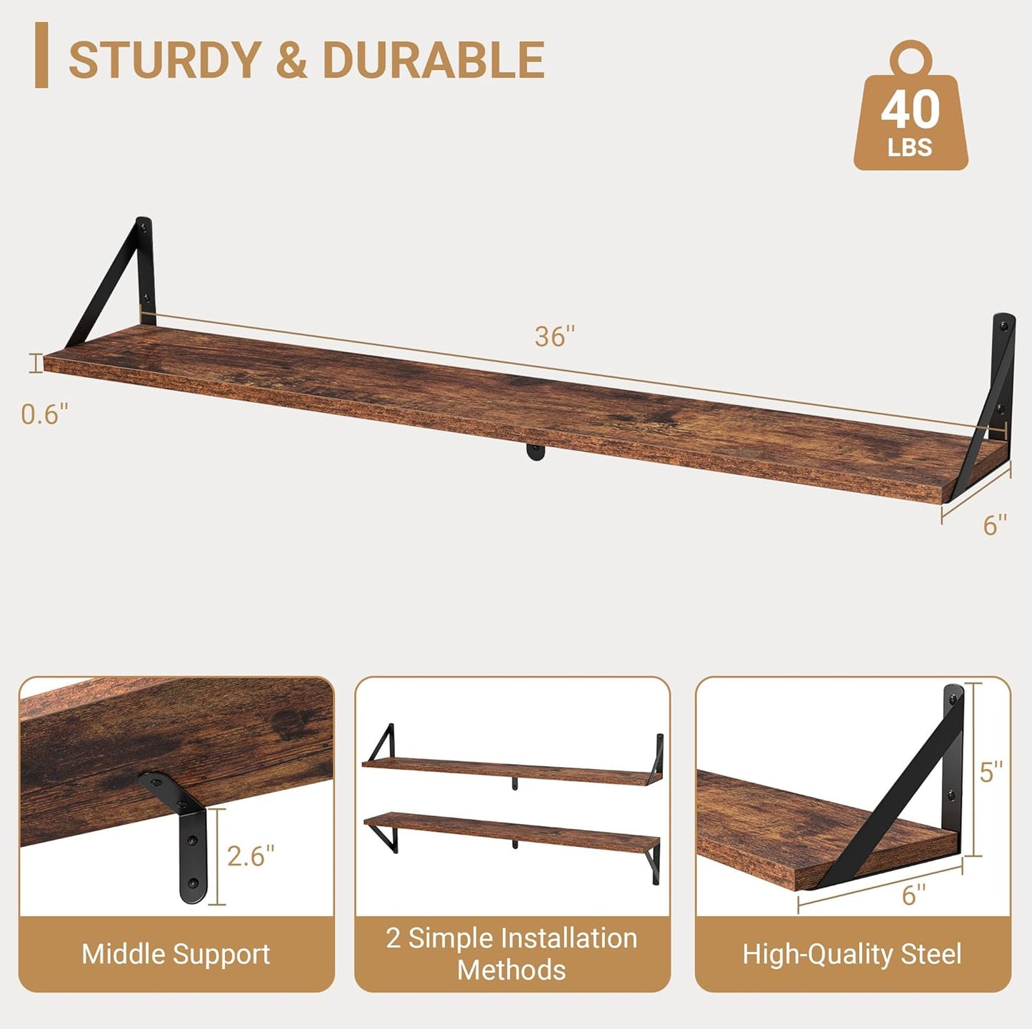 Heimlove Floating Shelves for Wall, 36 Inch Long Wood Floating Bookshelf Set of 3, Wall Mounted Hanging Shelf for Bathroom Bedroom Kitchen, Rustic Brown