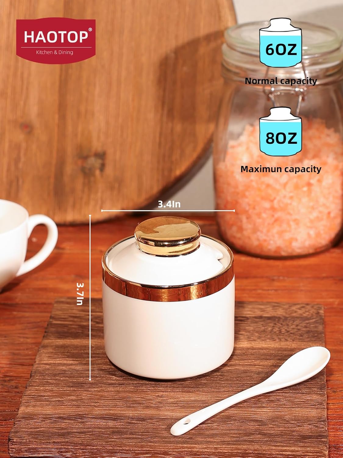 HAOTOP 8 oz Sugar Bowl with Lid and Spoon, Simple Ceramic Sugar Jar Sugar Dispenser Sugar Container Coffee Bar Accessories, Modern Kitchen Countertop Canisters, White