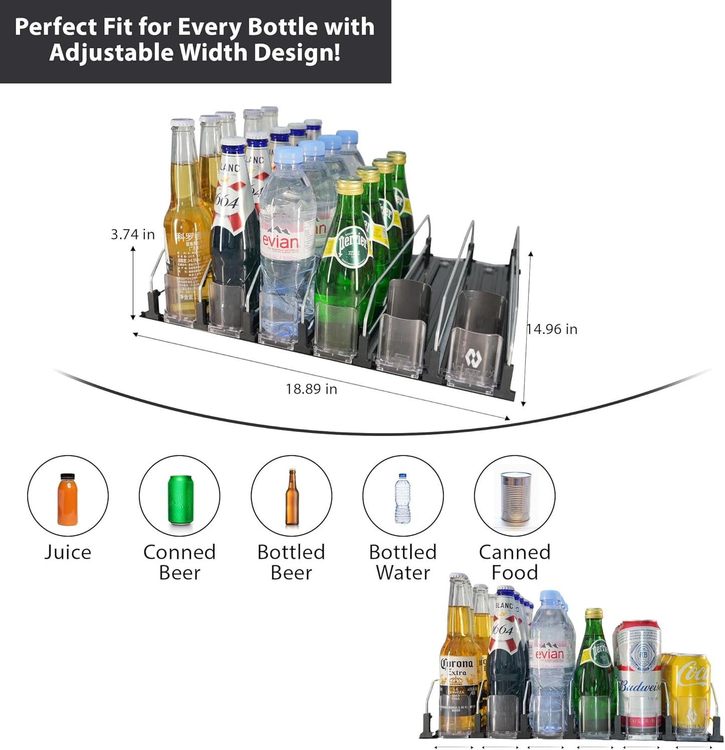 Upgraded Drink Organizer for Fridge – Adjustable Width Soda Can Organizer with Automatic Glide, Space-Saving Refrigerator Can Dispenser Holds Up to 30 Cans – Drink Holder for Fridge (6 Rows, Black)