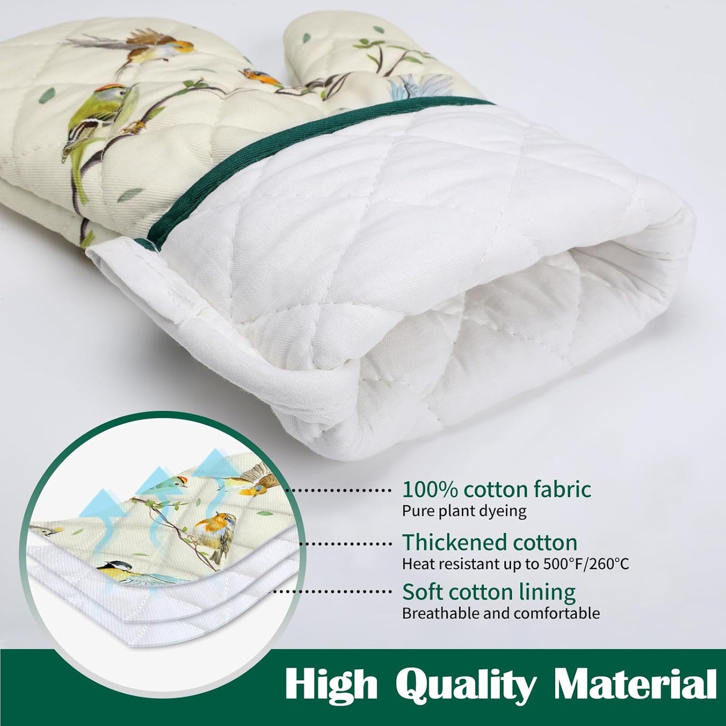 Bird Branch Oven Mitts and Pot Holders Sets 4Pcs, 100% Cotton Heat Resistant, Extra Long Oven Gloves Potholder for Kitchen Cooking Baking Decoration