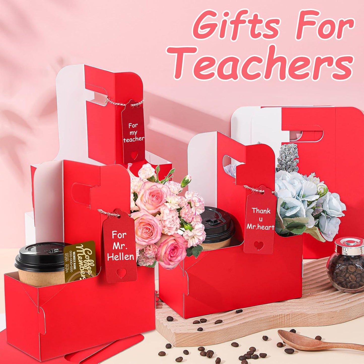 30 Pack 2 Cup Disposable Drink Carrier with Handle Paperboard Coffee Cup Holder Portable for Hot Cold Drinks Food Delivery Services with Heart Card for Teacher Appreciation Week Mother's Day