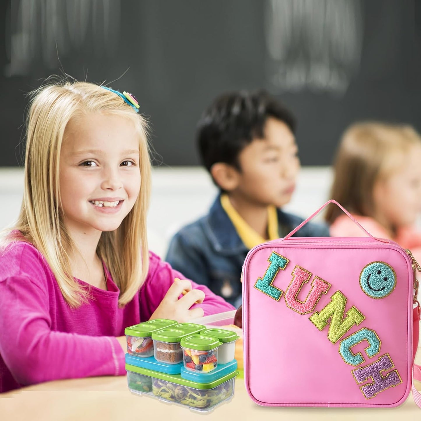 Insulated Lunch Bag With Adjustable Shoulder Strap, Nylon Preppy Lunch Box Large Insulated Lunch Bag Reusable Lunch Tote Bag with Smiley Preppy LunchBag for Girls School Travel Picnic (Pink)