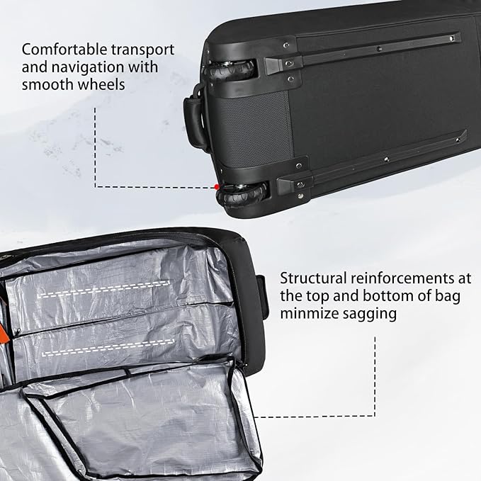 Goloni Ski Bag with Wheels,Padded Snowboard Bag for Air Travel,600D Waterproof Fabric,Foldable Snow Bag Fits 2 Pairs Skis