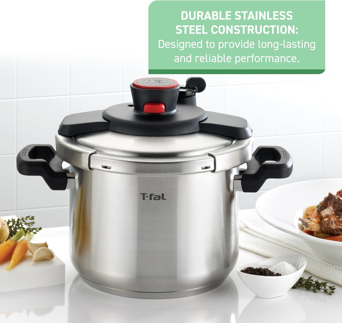 T-fal Clipso Stainless Steel Pressure Cooker 8 Quart, Induction Compatible, Secure locking System, One Hand System, Fast Cooking, Recipe Book Included, Cookware, Pots and Pans, Dishwasher Safe, Silver