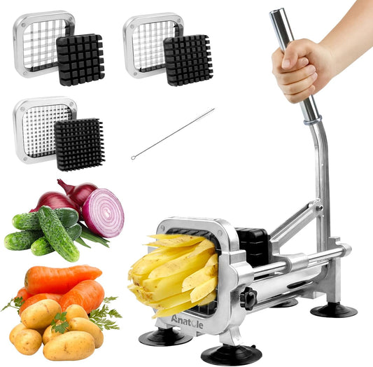 Anatole Professional French Fry Cutter Stainless Steel with 1/4'' 3/8'' 1/2'' Blades Manual Potato Slicer Veggie Chopper Homestyle Dicer for Onions Carrots Cucumbers