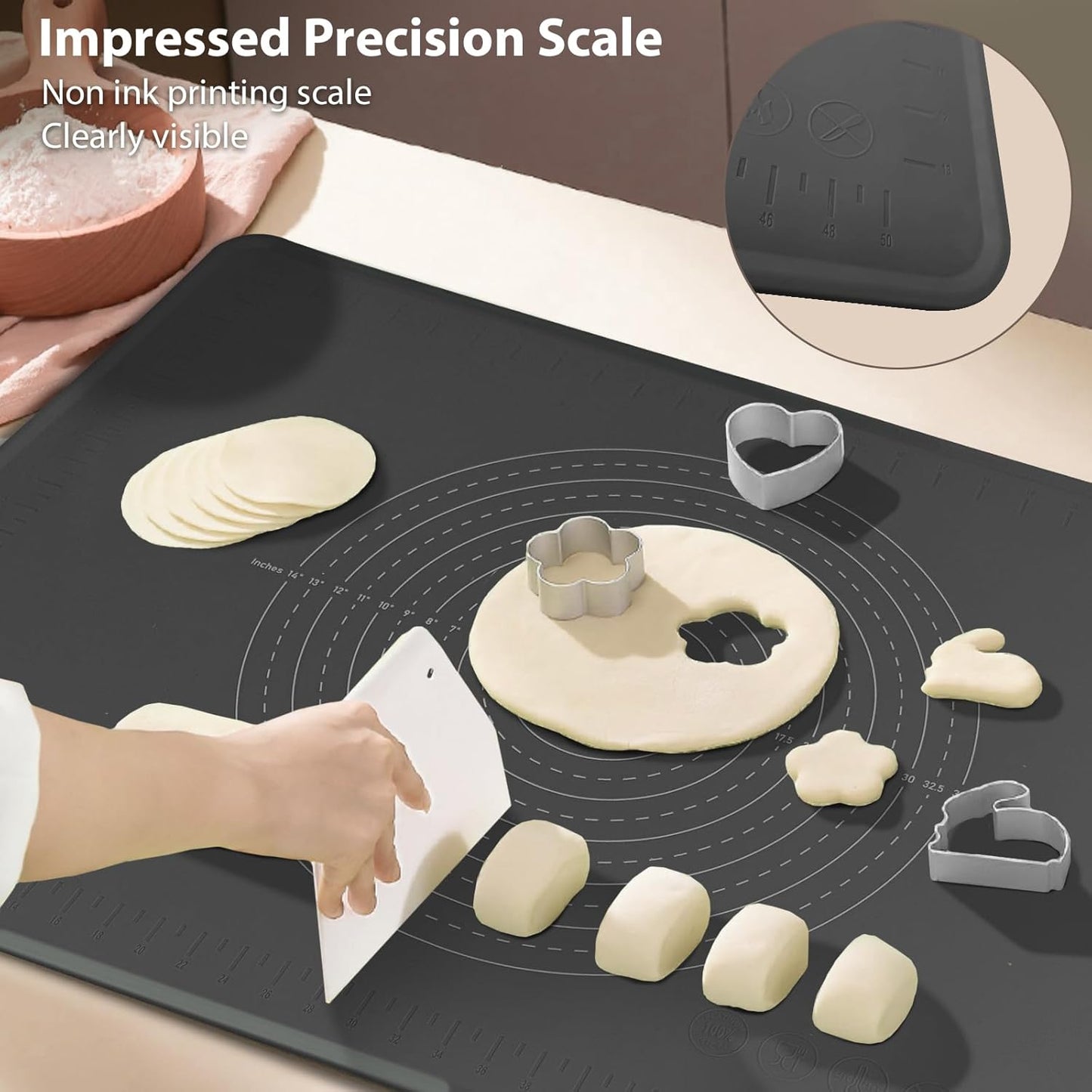 Silicone Pastry Mat 28" x 20" Extra Thick Dough Rolling Mat with Measurements and Edge Heightening, Non-stick Food Grade Silicone Baking Mats for Pastry, Bread, Cookies, Pizza, Fondant, Pasta