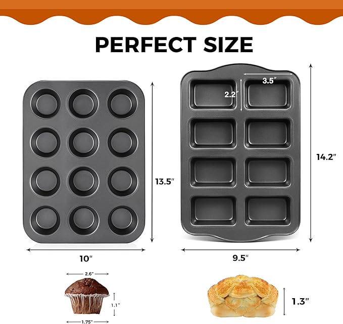 HONGBAKE Nonstick Muffin Pan 12 Cup and Mini Loaf Pans 8 Cavity, Cupcake Tin for Baking and Small Banana Bread Tray - Grey