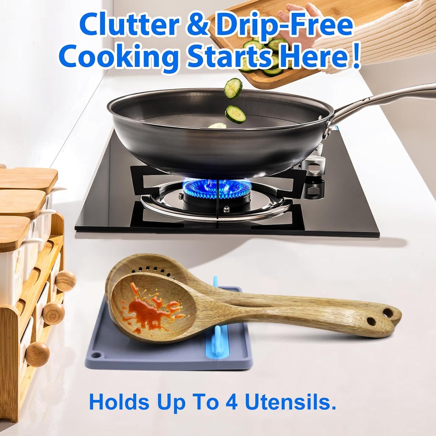 Silicone Spoon Rest for Stove Top, Non-Slip and Heat-Resistant, BPA-Free Kitchen Spoon Rest for Spoons and Ladles, Gray + Blue