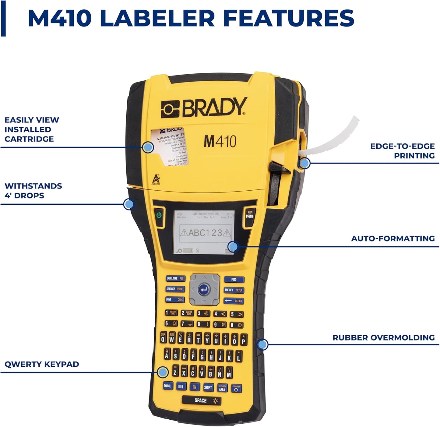 Brady M410 Handheld Portable Industrial Label Printer, 1" Wide Labels, Single Color Thermal Printing, for DataCom, Electrical, and Laboratory, Yellow/Black, 11.5" H x 6" W x 3.5" D