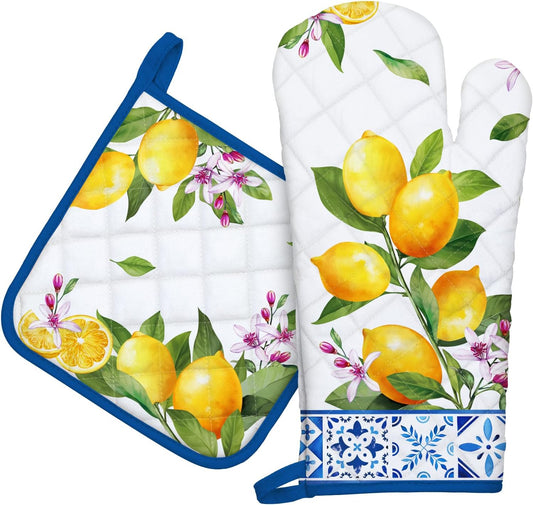 Summer Lemon Oven Mitts and Pot Holders Sets 2Pcs, 100% Cotton Heat Resistant, Extra Long Oven Gloves Potholder for Kitchen Cooking Baking Decoration
