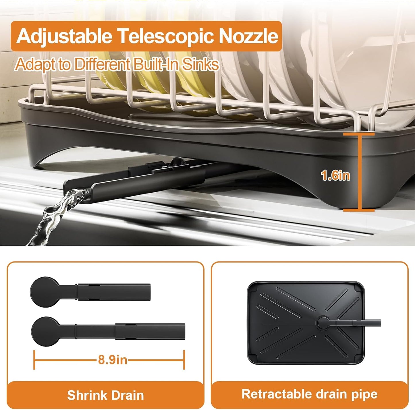 Stainless Steel Dish Drying Rack – 304 Grade Dish Racks for Kitchen Counter with Utensil Holder & Adjustable Spout, Space-Saving Organizer, 16.5" x 11.8" x 5.3" Black