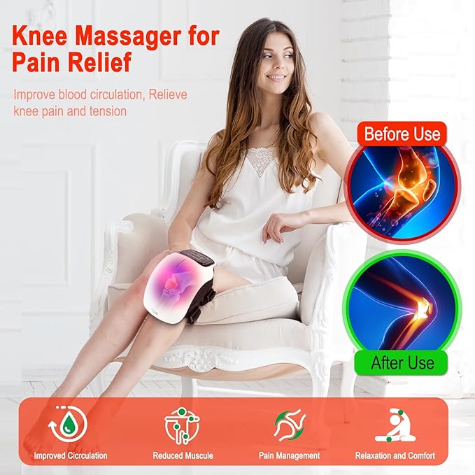 3-in-1 Cordless Knee Massager w/Heat, Red Light & Massage for Knee Pain, Infrared Heat & Vibration, Portable Wireless Knee Heating Pad w/LED Screen for Family and Friends