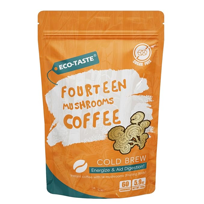 Cold Brew Mushrooms Coffee 14 in 1-60 Servings, Arabica Coffee with Lion's Mane, Reishi, Maitake, Turkey Tail, Chaga Fruiting Body Extract, 30% Beta-Glucan for Focus & Gut Health Support, 5.9oz