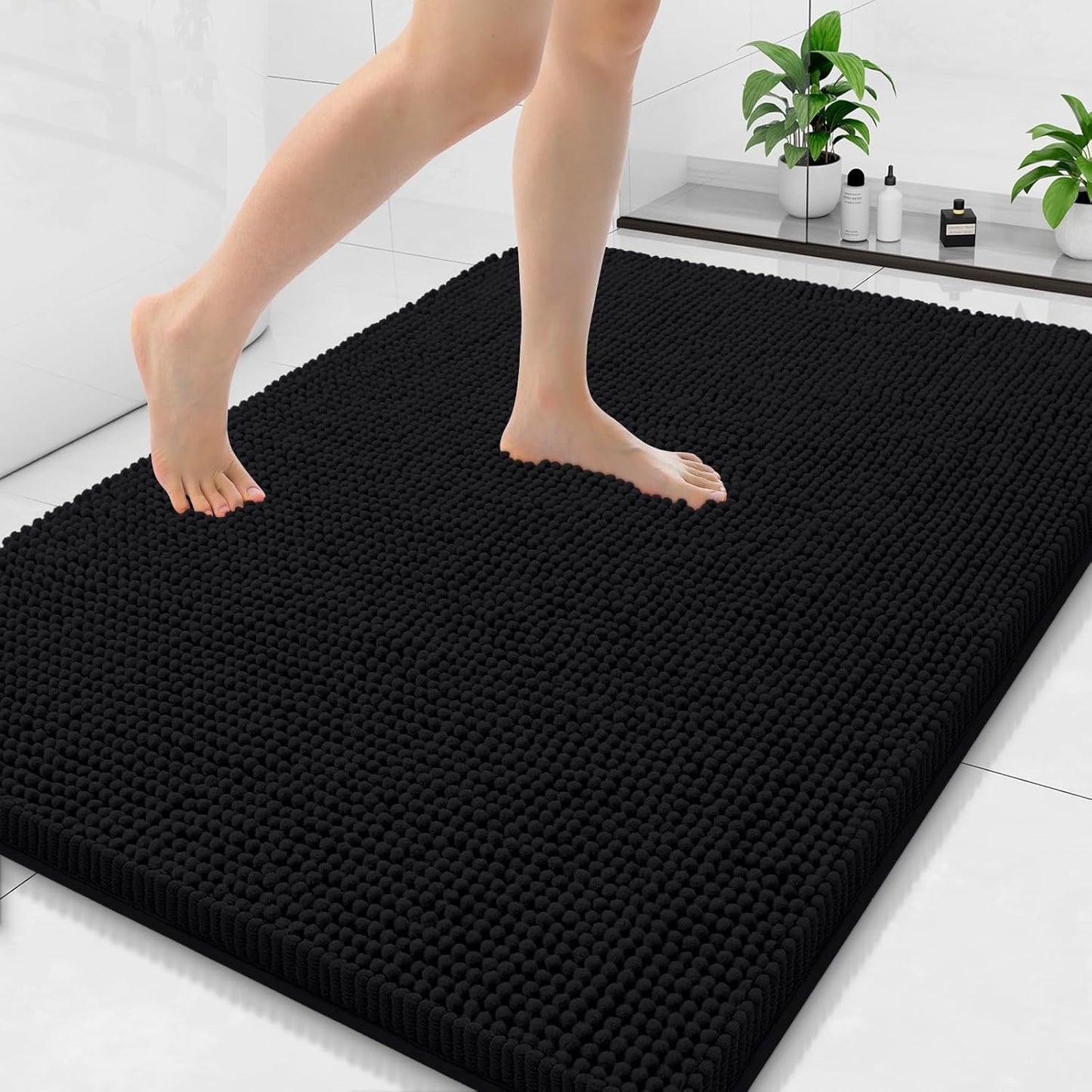 Arotive Bathroom Rugs 40x32, Extra Soft Absorbent Shaggy Chenille Bath Rugs, Machine Washable Rubber Backing Non-Slip Bath Mats for Bathroom Floor Tub and Shower, Home Decor Accessories, Black