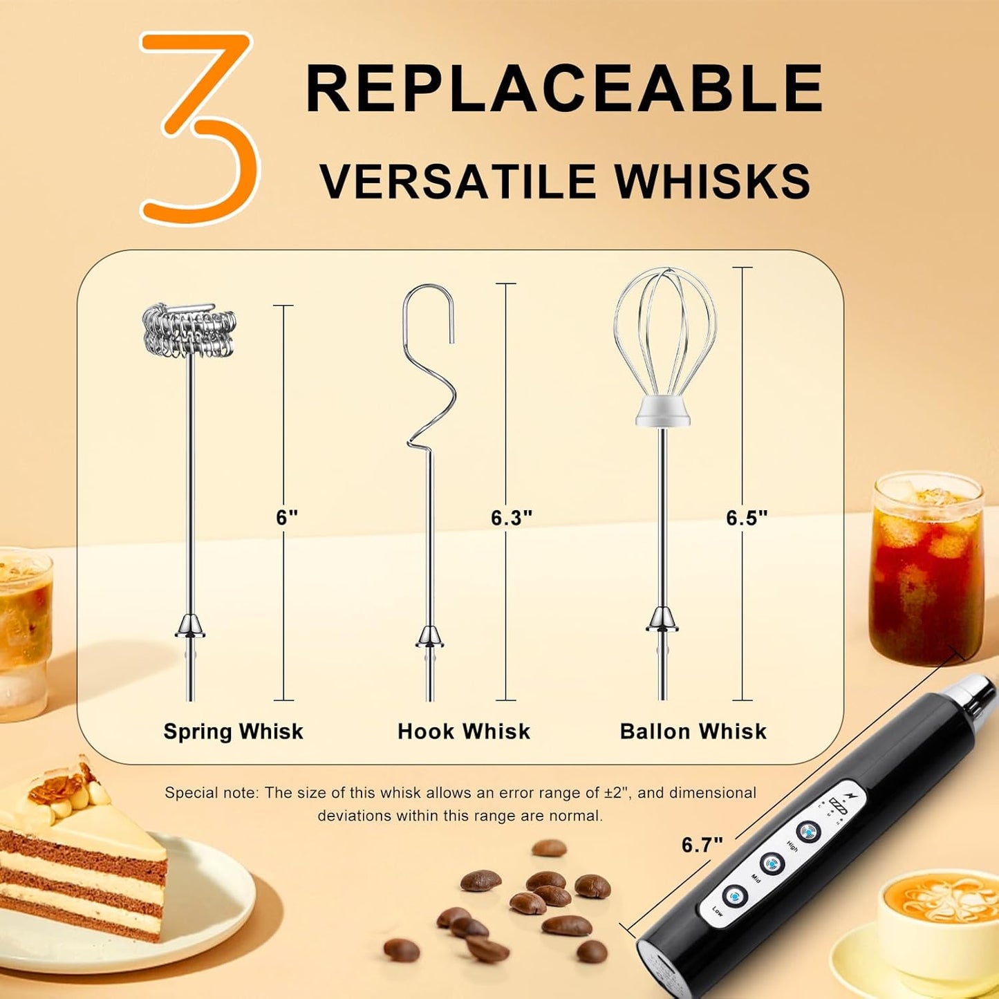 YUSWKO Handheld Milk Frother Wand for Coffee, Rechargeable Electric Whisk with 3 Heads 3 Speeds Drink Mixer Coffee Frother For Latte, Cappuccino, Hot Chocolate, Egg (Without Stand, Light Black)