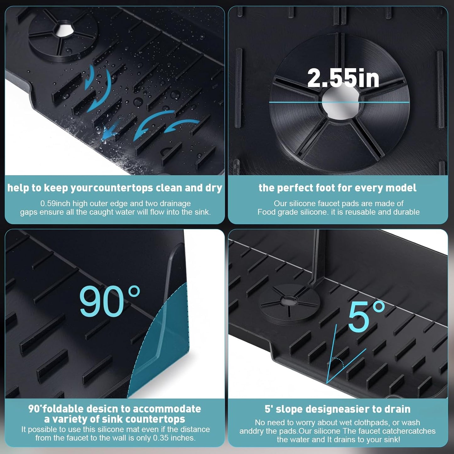 Silicone Kitchen Sink auto Drain Organizer, Kitchen countertop and Sink Splash Guard.Kitchen Sponge Rack and organizing Shelf，Suitable for Cleaning Tools, dispensers, Bottles, Cups (Gray)