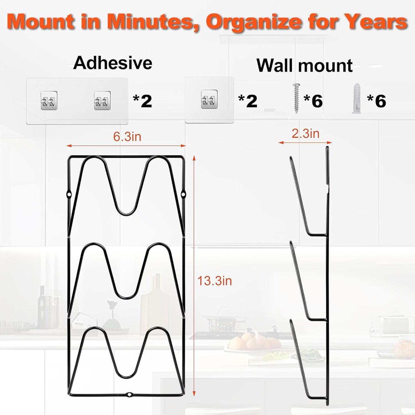 2 Pack Pot-Lid-Organizer, 6-Tier Pots and Pans Lid Organizer Under Cabinet, No Drilling, Rustproof, Lid-Organizers-Inside-Cabinet for Small-Space-Solution & Kitchen Cabinet Organization
