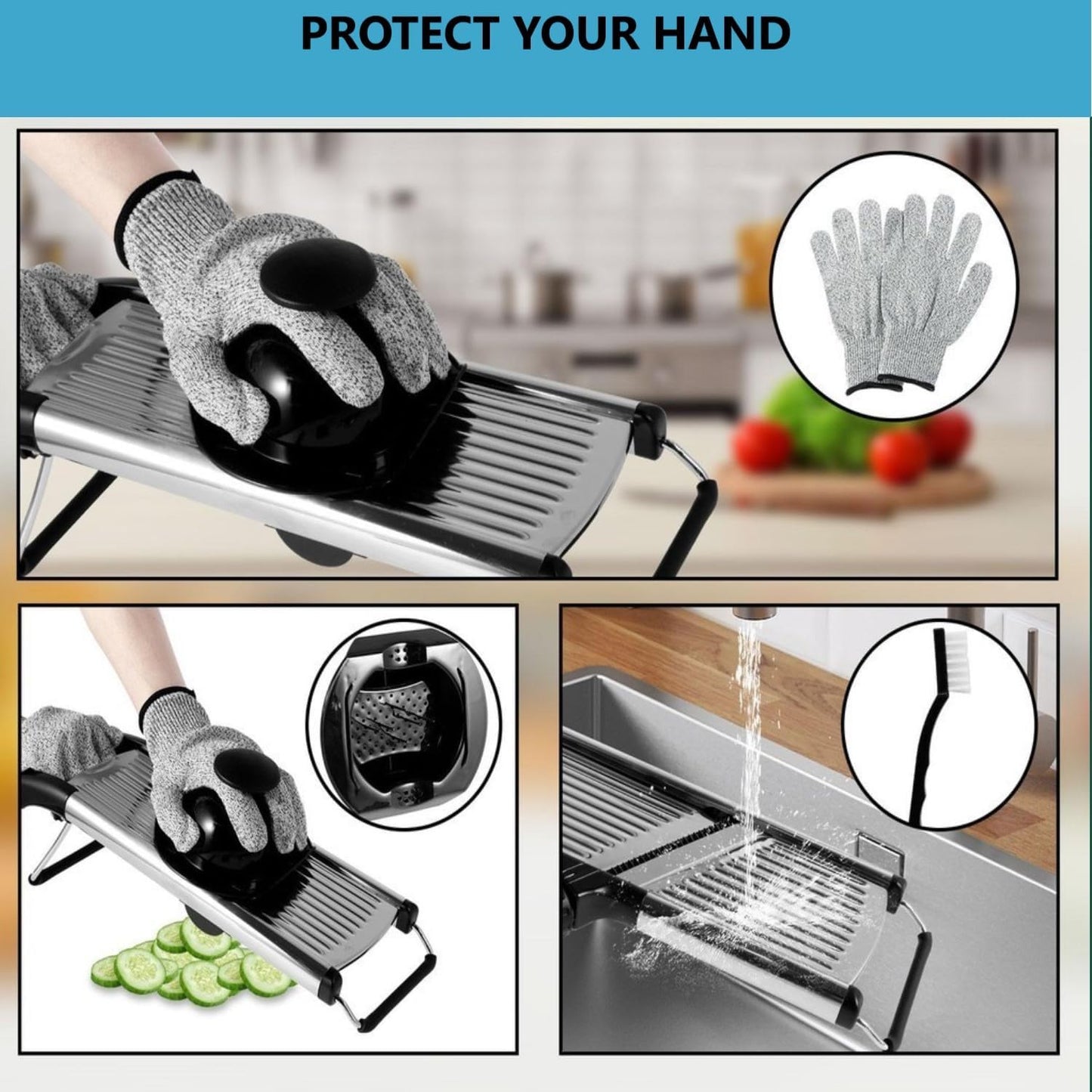 Adjustable Mandoline Slicer for Vegetables, Fruits, Stainless Steel with Cut-Resistant Gloves, Black/Silver