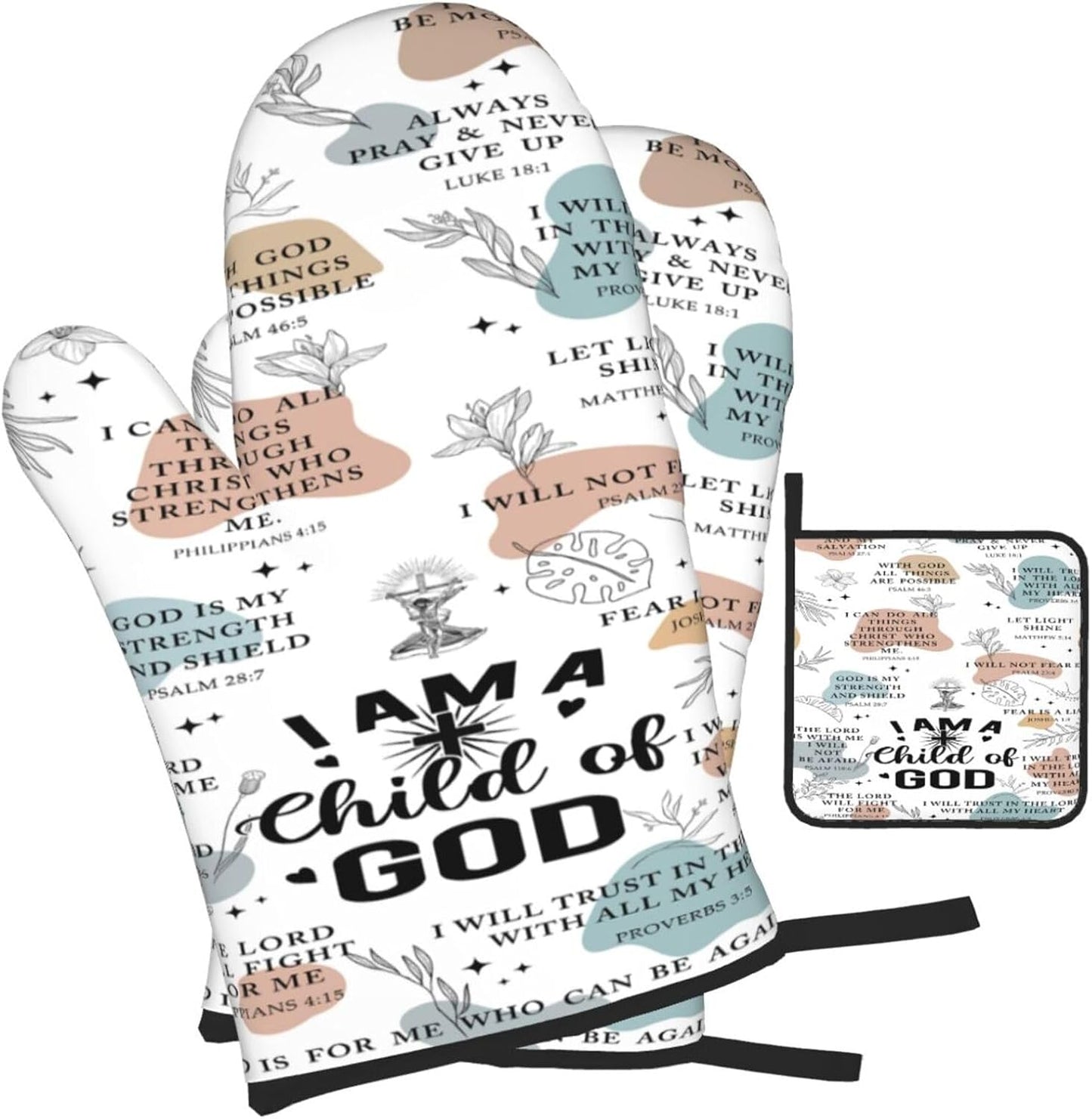 Christian Oven Mitts and Pot Holders Sets of 3, Heat Resistant Godmother Kitchen Gloves Hot Pads, Kitchen Cooking Baking Gifts for Women Cooks Bakers,Christian Gifts for Women Cooking Lover
