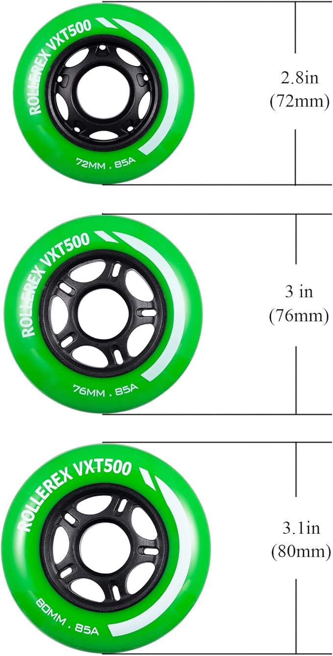 Rollerex VXT500 Inline Skate Wheels (8 Wheels w/Bearings, spacers and washers) (Various Size & Color Options Available) - for Indoor, Outdoor, Hockey - Intended for Roller Blade Wheel Replacement