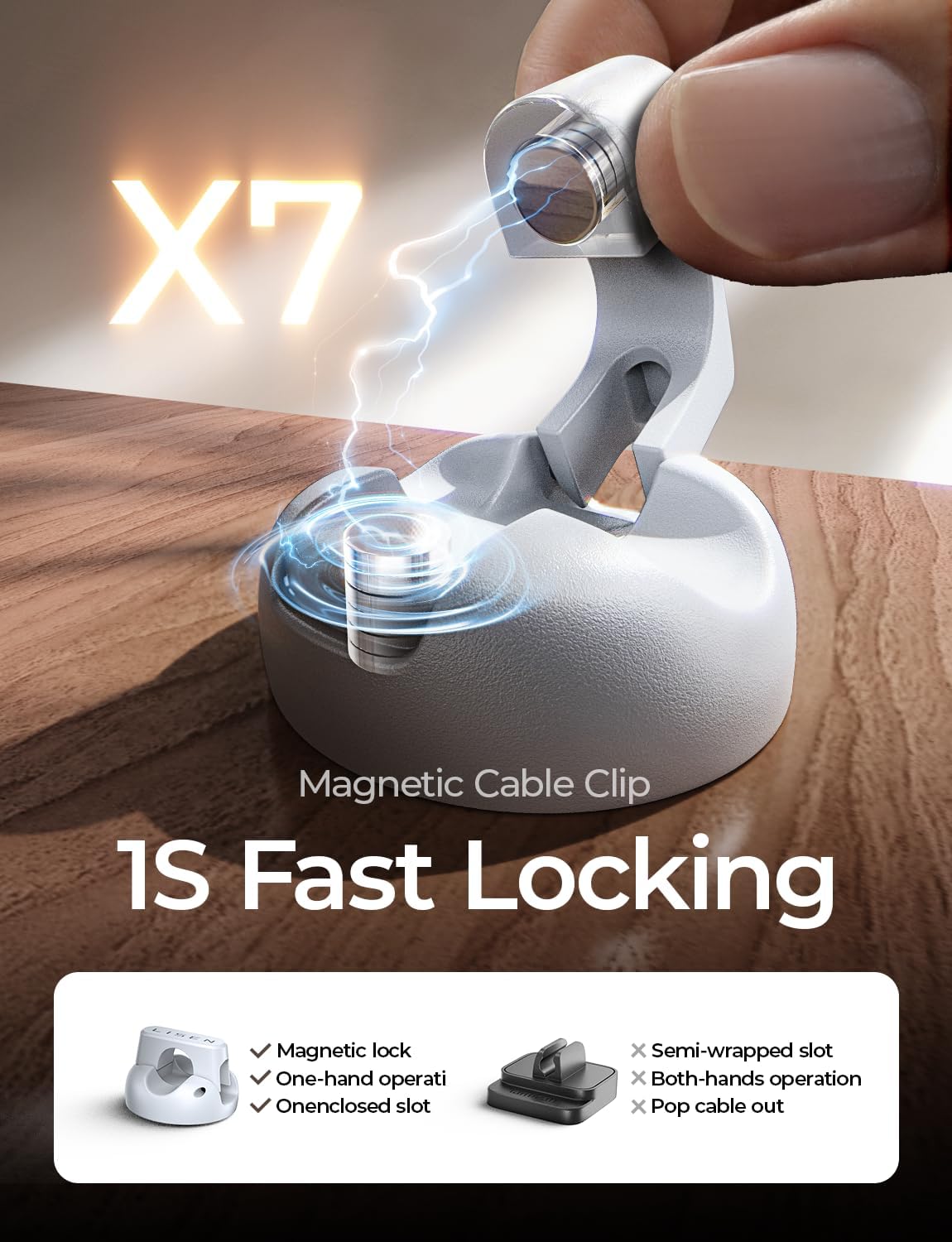 8 Pack Magnetic Cable Clips Organizer, LISEN Cord Holder for Nightstand [Smooth Adjustable] Adhesive Organizer for Cords Under Desk for Home Office Desk Car Wall Desktop Nightstand-White