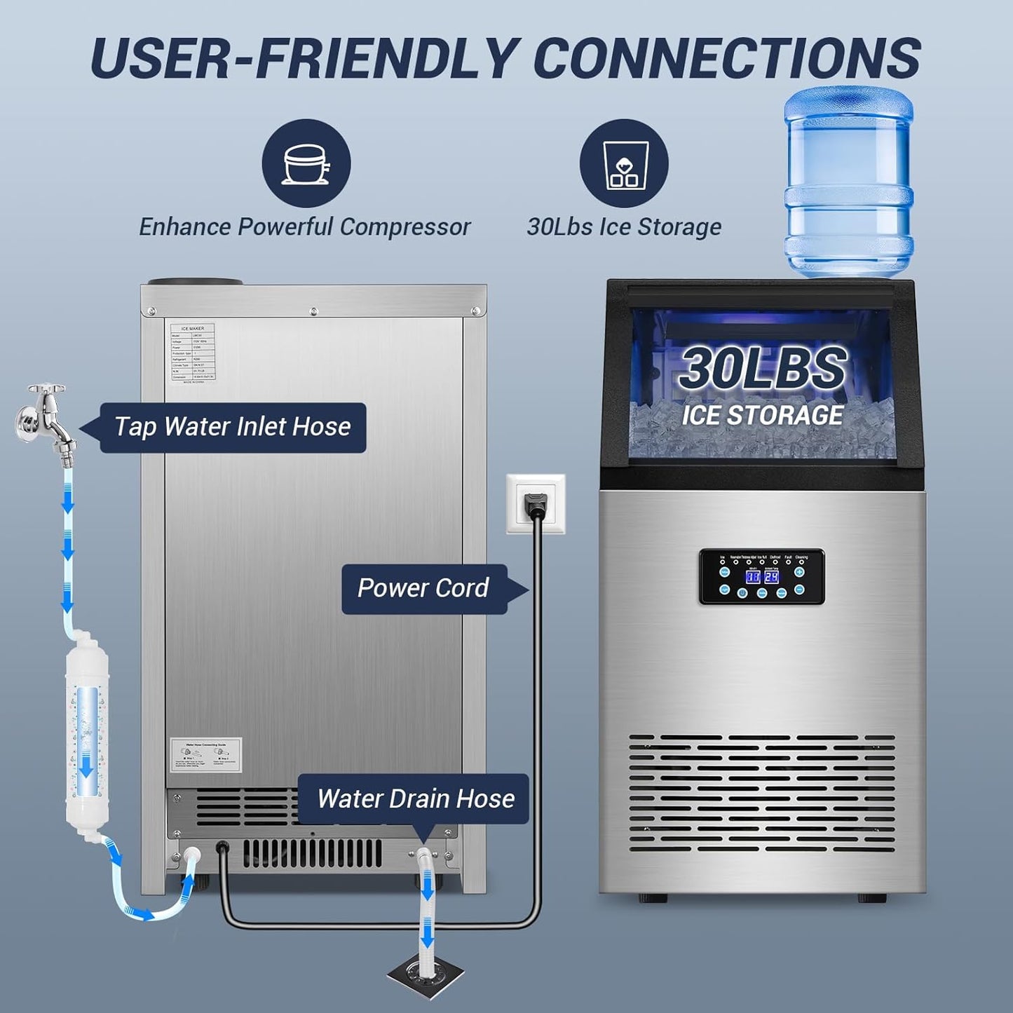 15" Wide Commercial Ice Maker Machine 120LBS/24H - 40PCS Ice Cubes per Cycle, with 30LBS Storage Bin Undercounter/Freestanding Ice Cube Maker for Home Bars and Outdoors, Self-Cleaning Ice Machine