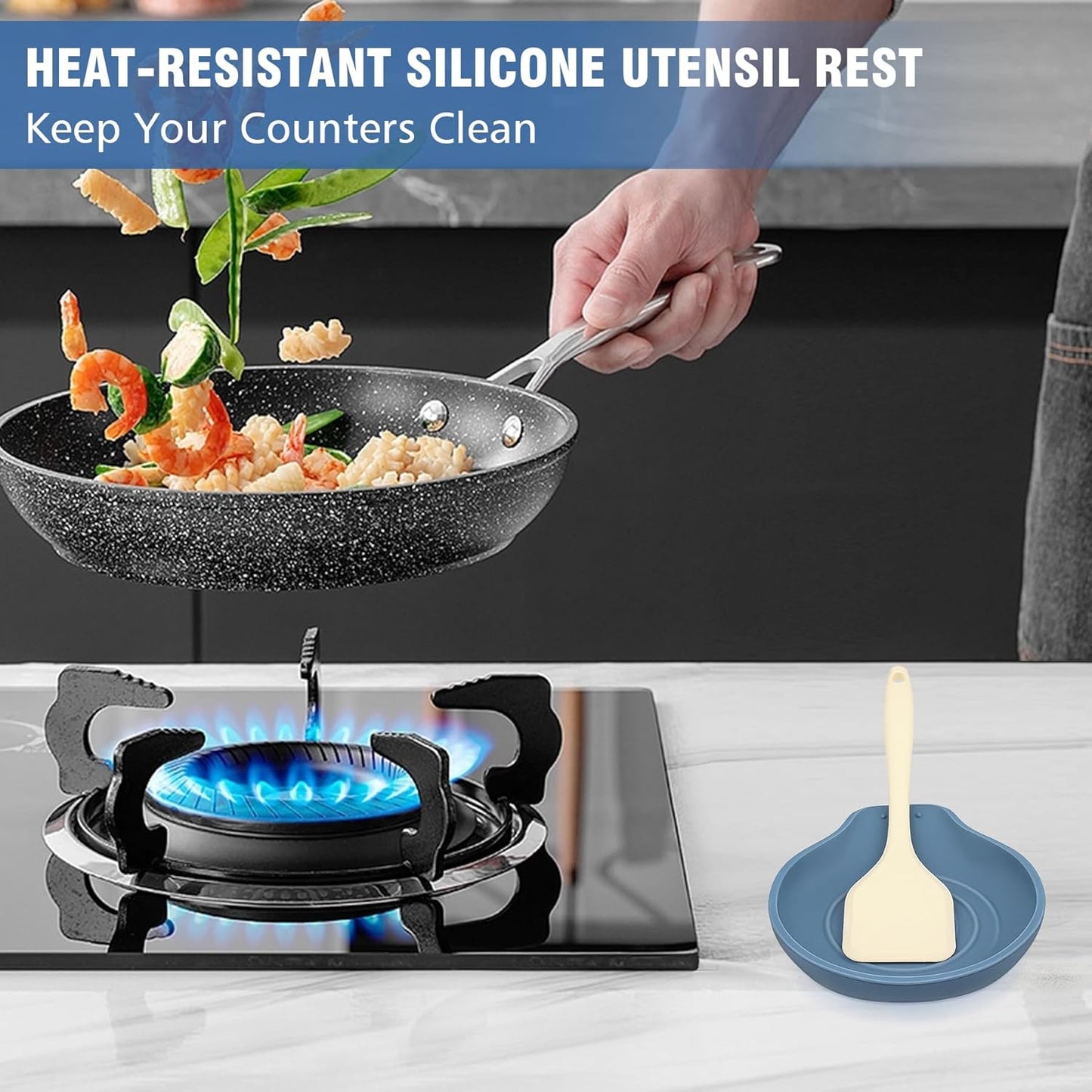 Silicone Spoon Rest for Stove Top - BPA-Free, Heat-Resistant Spoon Holder - Spoon Rest for Kitchen Counter - Large Cooking Utensil Rest for Spoons, Spatulas, Ladles or Tongs - Blue