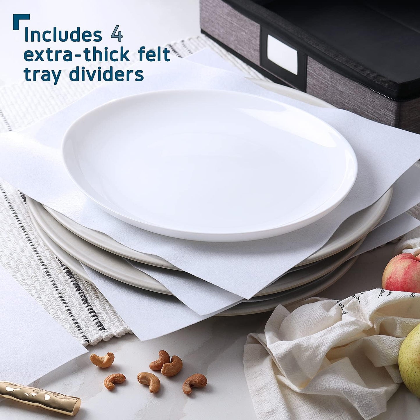 Platter Storage Case, Fine China Storage Containers Hard Shell, Quilted and Stackable 16”x 12.5”x 3.5” Platter Storage Container with Zipper, Handles and Felt Dividers for Moving and Seasonal Storage