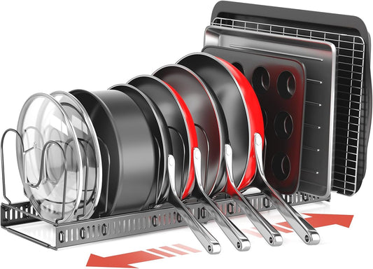 ORDORA Pots and Pans Organizer under Cabinet with Pan Holder: Expandable 11.8"-22.8" Kitchen Cabinet Organizer Rack, 12 Adjustable Dividers Storage for Cookie Sheets, Cutting Boards & Lid Cookware